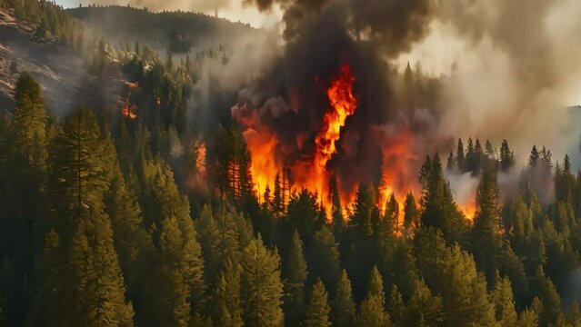 Large forest fire burns the tree covered side of a mountain, footage, 4k footage, videos