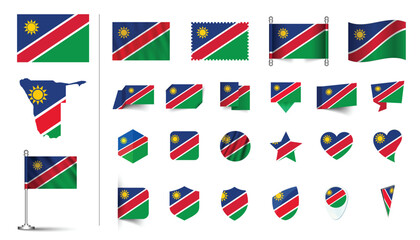 set of Namibia flag, flat Icon set vector illustration. collection of national symbols on various objects and state signs. flag button, waving, 3d rendering symbols