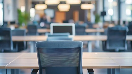 A serene study area in a university campus features a large communal table with individual cubicles for quiet individual study. The lack of clutter and ornamental distractions