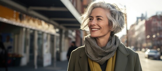 A womans face is lit up with a joyful smile as she strolls down the city street, passing by buildings and houses. Her eyes reflect happiness and excitement as she travels through the urban landscape