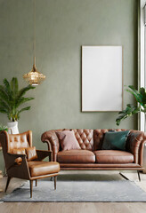 Living room wall mockup in bright tones with leather sofa and leather armchair.3d rendering. Generative AI.