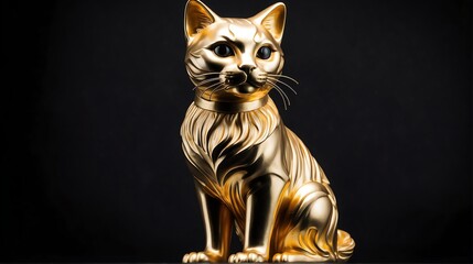 Obraz premium Gold cat statue on plain black background facing forward from Generative AI