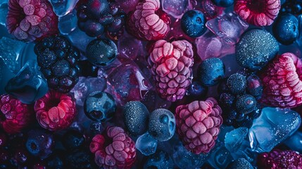 Raspberries and blueberries arranged in a colorful pile with a backdrop of berry tones melting into icy blues, background, wallpaper
