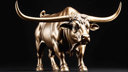 Shiny bronze bull statue on plain black background facing forward from Generative AI