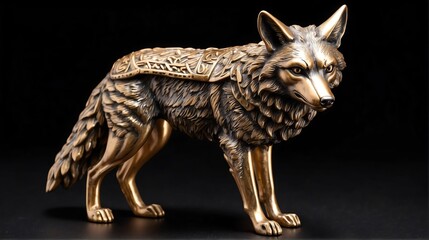Shiny bronze coyote statue on plain black background facing forward from Generative AI