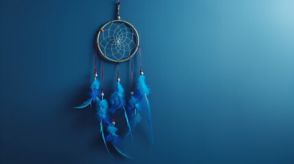 Beautiful handmade dream catcher on light blue background. Space for text, Dream catcher with feathers threads and beads rope hanging. Dreamcatcher handmade
 - obrazy, fototapety, plakaty