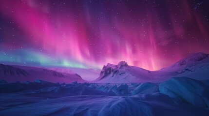 A mesmerizing display of purple and green aurora borealis dancing over a rugged mountain range under a starry sky, background, wallpaper