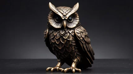 Tuinposter Shiny bronze owl statue on plain black background facing forward from Generative AI © Arceli
