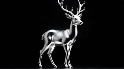 Shiny silver deer statue on plain black background facing forward from Generative AI