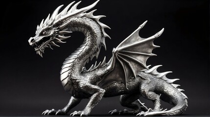 Shiny silver dragon statue on plain black background facing forward from Generative AI