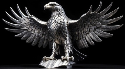 Shiny silver eagle statue on plain black background facing forward from Generative AI - obrazy, fototapety, plakaty
