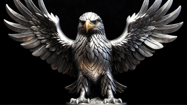 Shiny silver eagle statue on plain black background facing forward from Generative AI