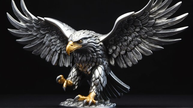 Shiny silver eagle statue on plain black background facing forward from Generative AI
