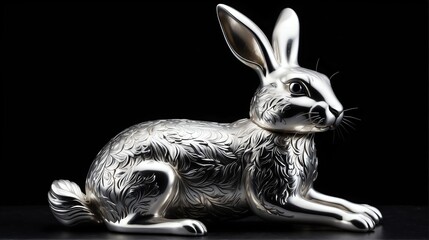 Shiny silver rabbit statue on plain black background facing forward from Generative AI