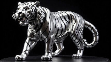 Shiny silver tiger statue on plain black background facing forward from Generative AI - obrazy, fototapety, plakaty