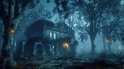 A quaint little house nestled in the depths of a night forest, bathed in the soft glow of moonlight...