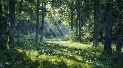 The tranquility of a forest glade bathed in dappled sunlight