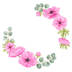A vibrant circular frame composed of pink anemones, lush greenery, and delicate eucalyptus branches. for invitations, greeting cards, posters, and social media graphics, touch of elegance and charm