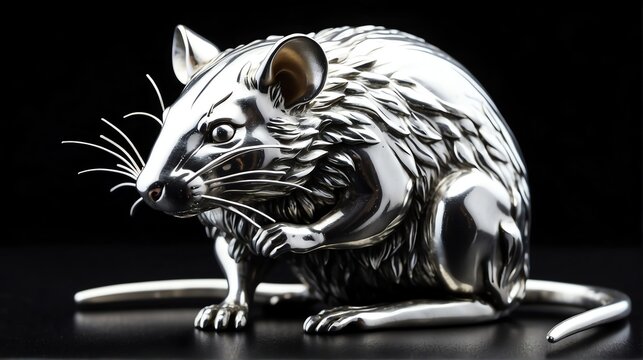 Shiny silver rat statue on plain black background facing forward from Generative AI