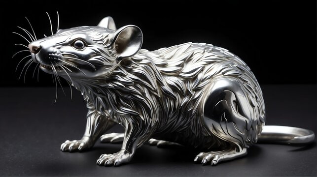 Shiny silver rat statue on plain black background facing forward from Generative AI