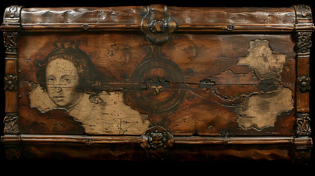 A wooden chest with a painting of a woman on it. The chest is old and has a lot of detail in the painting