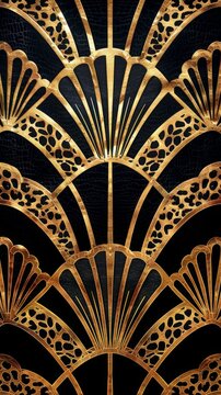 A sophisticated black and gold wallpaper featuring a fan design with Art Deco motifs and a subtle leopard accent, background