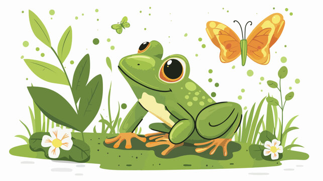Frog and butterfly flat cartoon vactor illustration