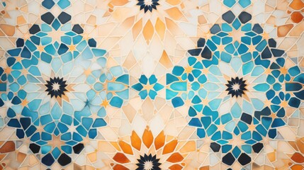 A colorful painting featuring blue and orange flowers on a wall, with a backdrop of bleached sun Moroccan tiles, background, wallpaper - obrazy, fototapety, plakaty