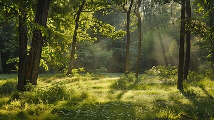 Obraz premium The tranquility of a forest glade bathed in dappled sunlight 