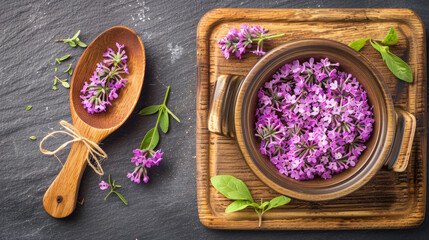Obraz na płótnie Canvas A wooden spoon with purple flowers on it sits on a wooden tray