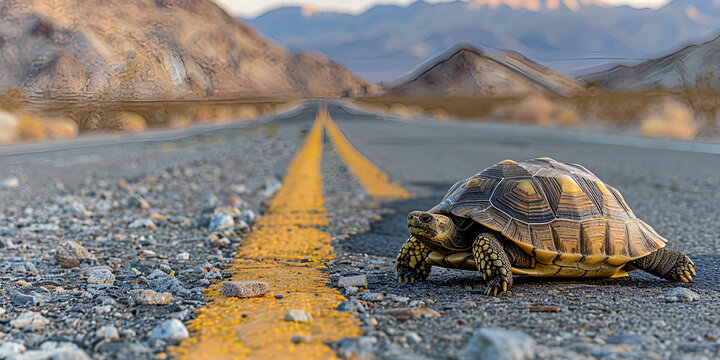  Desert tortoise crossing a road in Death Valley National park. generative ai 