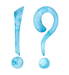 Exclamation point, question mark, blue punctuation mark isolated on a white background, hand-drawn. Watercolor, textural elements for text, emotions, design, decoration.