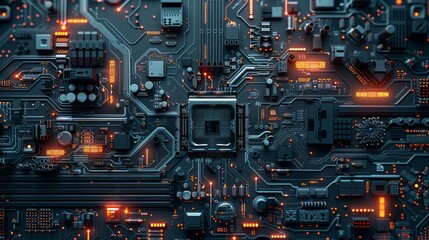 Vibrant cyberpunk ai: 3d illustration of intricate circuit board, evoking futuristic technology background with central computer processors cpu and gpu concept. Motherboard digital chip emphasizes tec