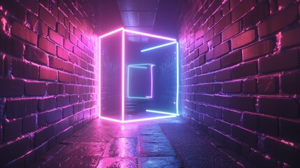 Vibrant neon geometric figure illuminated in dark tunnel - futuristic 3d render with laser glow -...