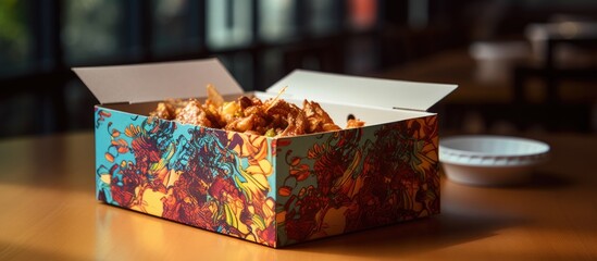 A rectangular box of French fries, an artful creation of potato ingredient, sits elegantly on a wooden table at a food event, adding a touch of pattern to the tableware