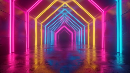 Vibrant neon lights in abstract geometric tunnel - colorful 3d render for dynamic backgrounds and...
