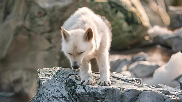 White wolf cub on the rocks. 4k video animation