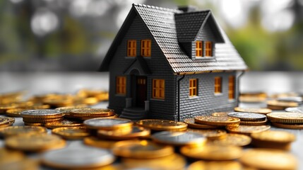toy house with gold coins, real estate and house market investing concept, profit and ROI, Generative Ai - 769377100