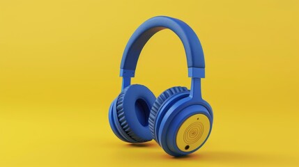 Naklejka premium Vibrant 3d rendering of blue headphones against sunny yellow backdrop, modern tech concept