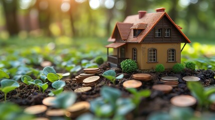 toy house with gold coins, real estate and house market investing concept, profit and ROI, Generative Ai - 769377138