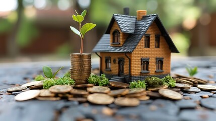 toy house with tree sprout growing on stack of gold coins, real estate and house market investing concept, profit and ROI, Generative Ai - 769377158