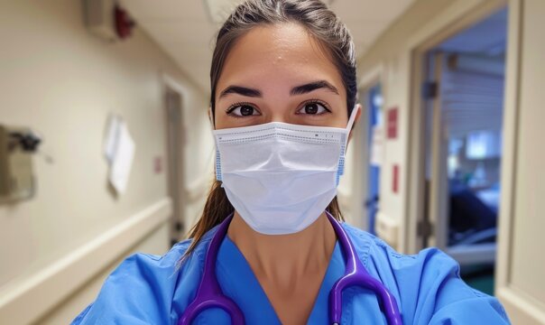 A nurse selfie wearing a white face mask and a stethoscope around her neck