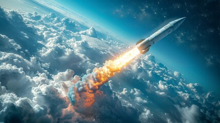 Obraz premium Hypersonic missile. A combat rocket is flying above the clouds.