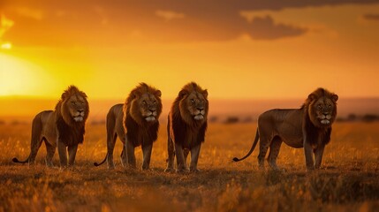 Silhouetted against the fiery hues of a setting sun, a majestic pride of lions gathers on the...