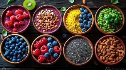 Colorful array of fresh fruits and vegetables displayed in various bowls