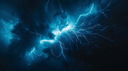 Fototapeta premium Electric blue lightning bolt illuminating dark sky - powerful image of nature's fury and energy