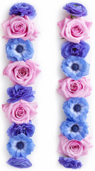 A bouquet of flowers with pink and blue flowers. The flowers are arranged in a way that they look like they are in a row
