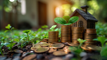 toy house with tree sprout growing on stack of gold coins, real estate and house market investing concept, profit and ROI, Generative Ai - 769377563