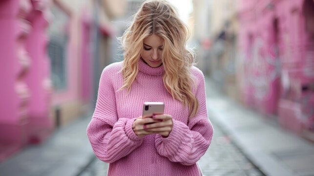 A woman in a pink sweater focuses on her cell phone screen