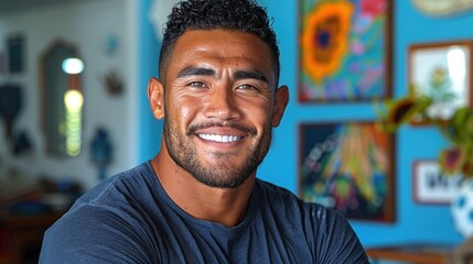 Smiling man in blue shirt standing in front of a blue wall